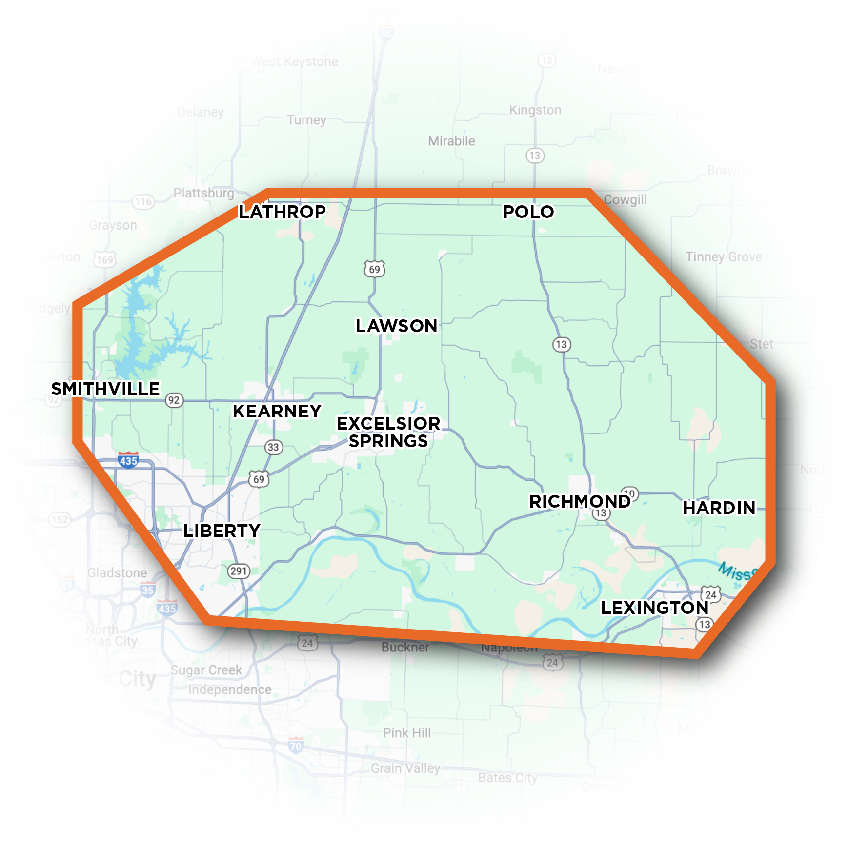 Restoration HVAC service area map covering greater Kansas City, Missouri